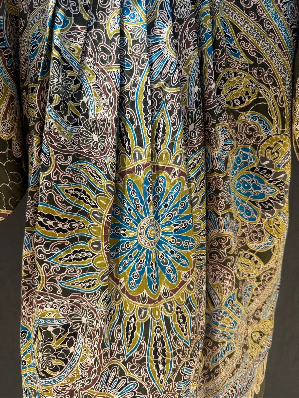 Anna Sui Vtg lamé Olive, chartreuse & Teal Paisley Medallion Dress tunic pockets - Picture 2 of 9